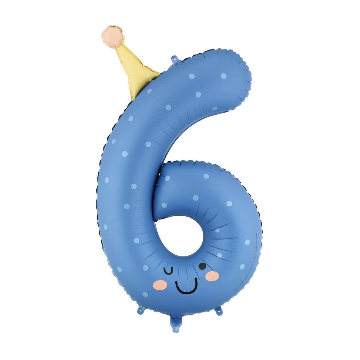 Blue polka dot balloon shaped like the number 6 with a yellow party hat on a white background