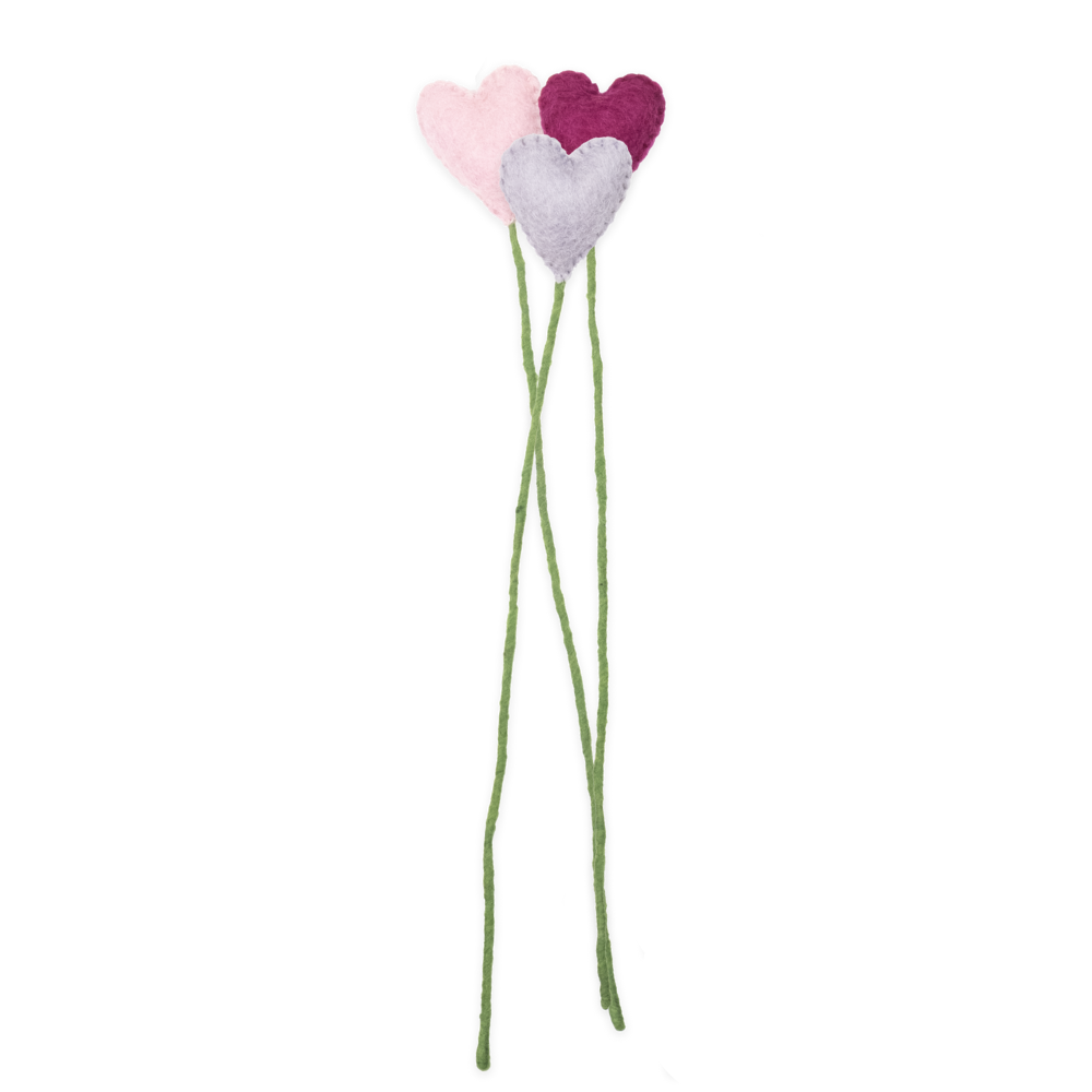 Three heart-shaped flowers on green stems against a white background