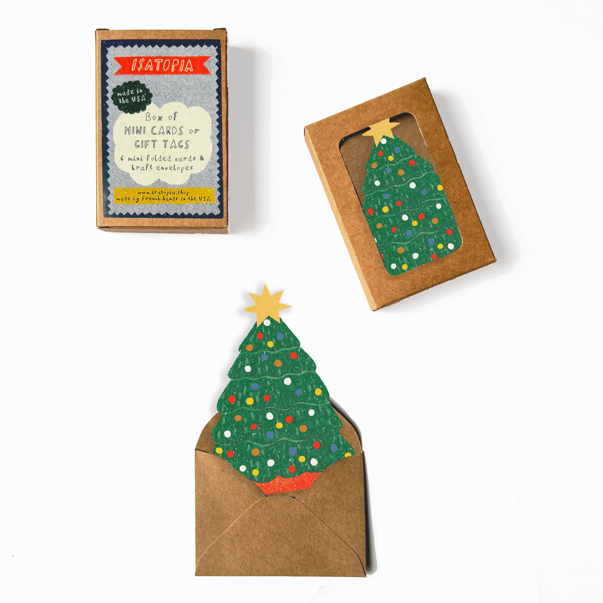 Christmas tree-shaped gift tag with packaging on a white background