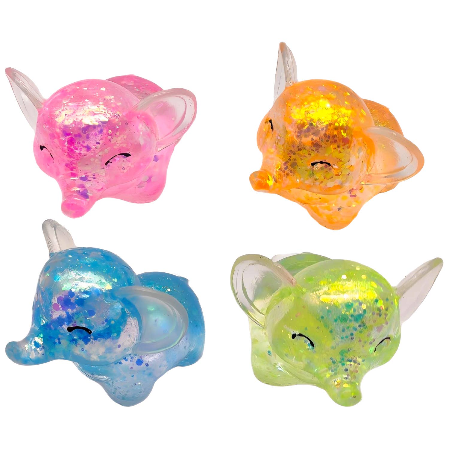 Four colorful glittery animal figurines on a white background