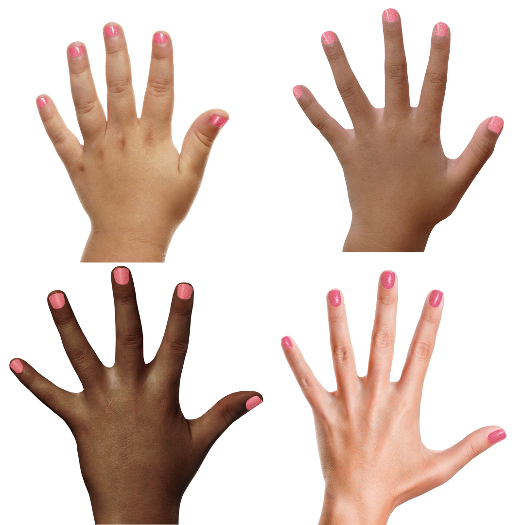 Four hands with pink nail polish on a white background