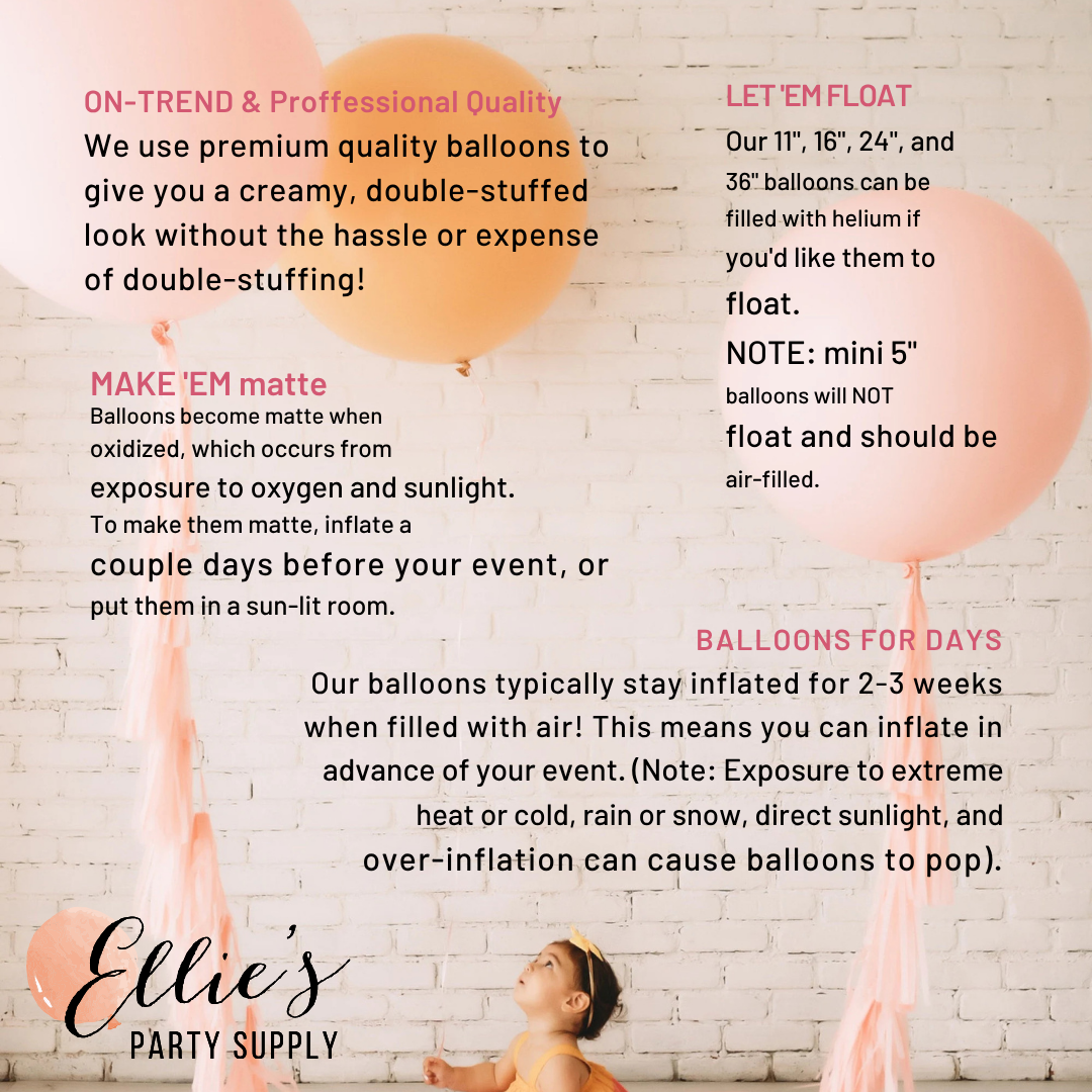 Promotional text for Ellie's Party Supply with balloons and a child against a white brick wall.