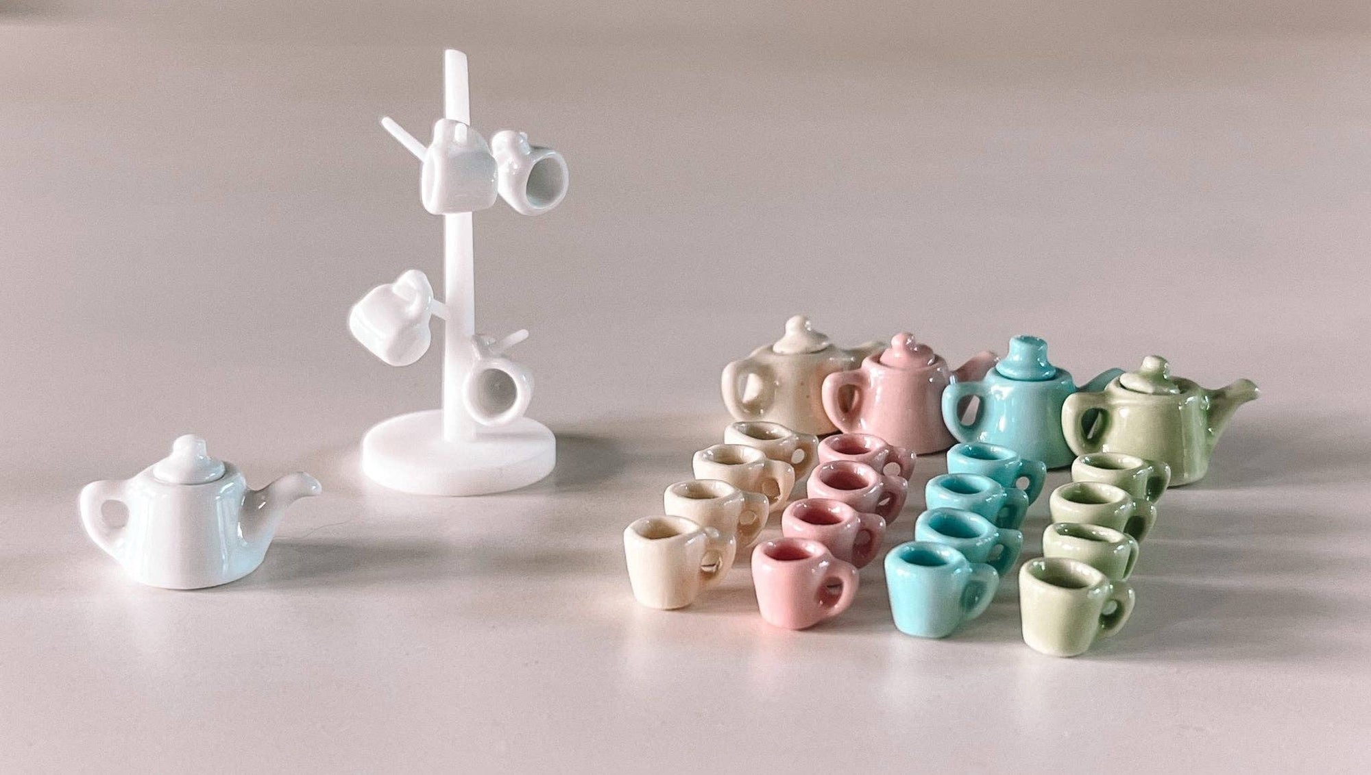 Dollhouse Tea Set + Mug Holder - Various Colors