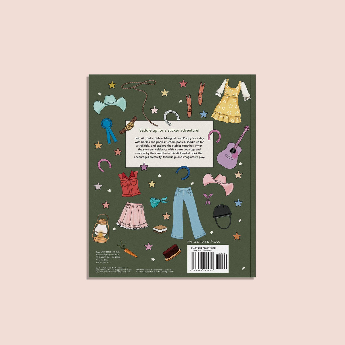 Illustrated book cover with fashion-themed graphics on a green background