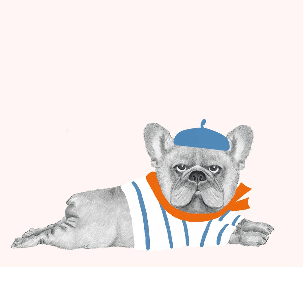 Illustration of a dog wearing a blue hat and orange collar on a white background