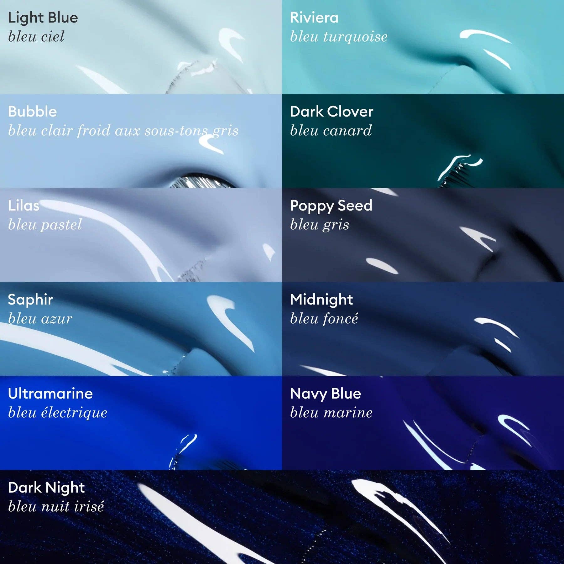 Color swatches of blue shades with names in multiple languages.