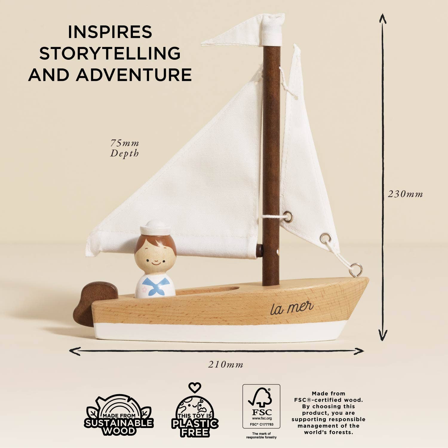 Wooden sailboat with measurements and sustainability labels on a beige background