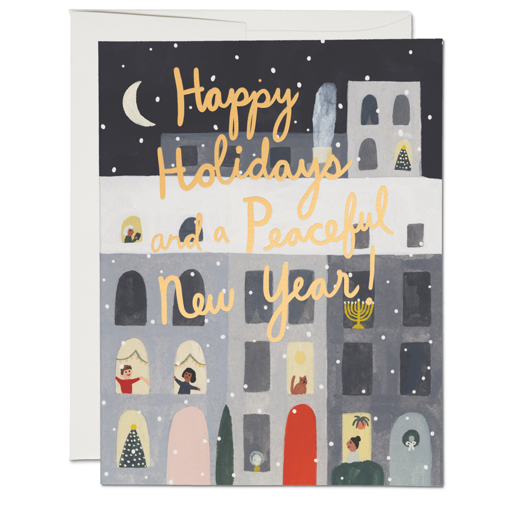 Greeting card with 'Happy Holidays and a Peaceful New Year' text and cityscape illustration.