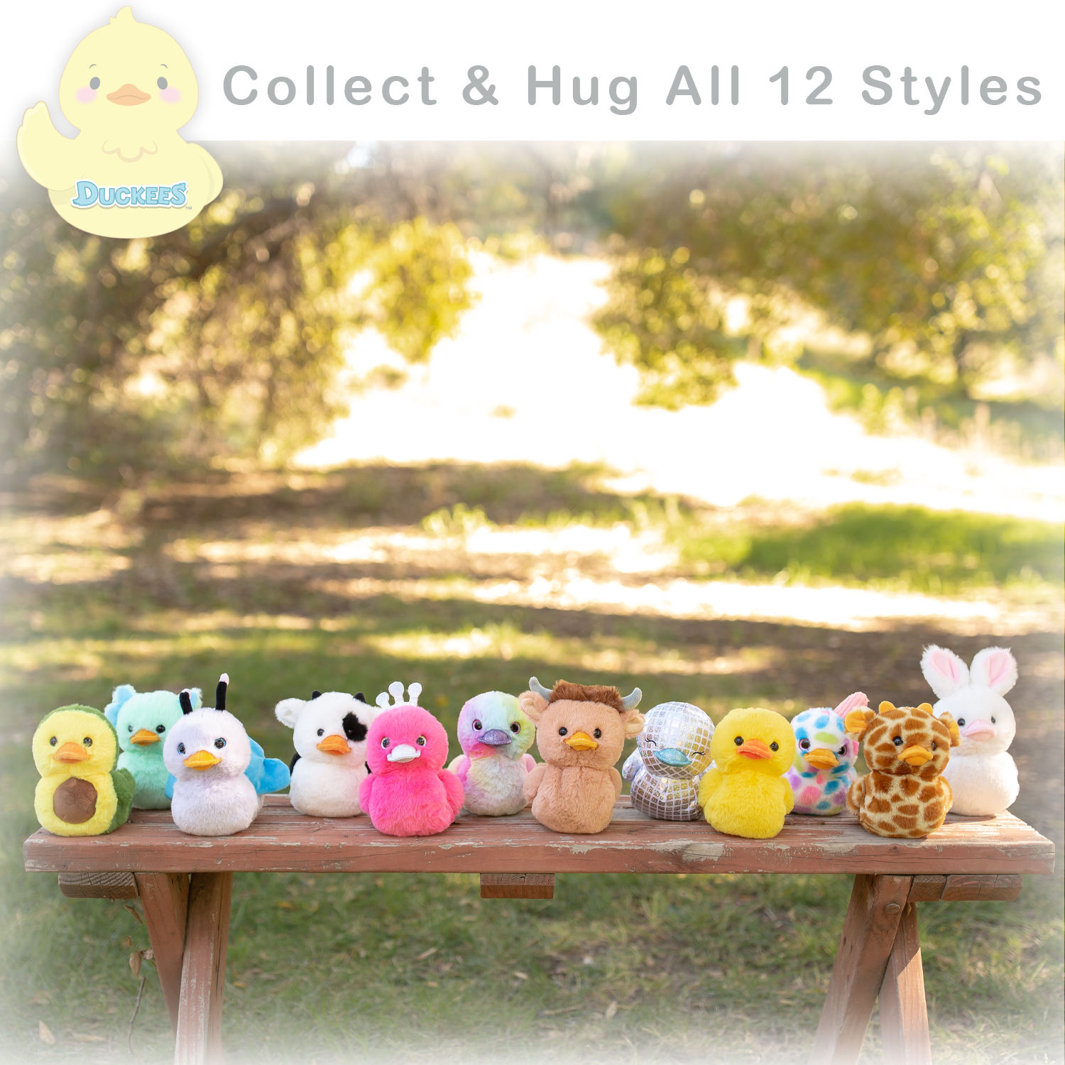 Row of colorful plush toys on a wooden bench with a nature background