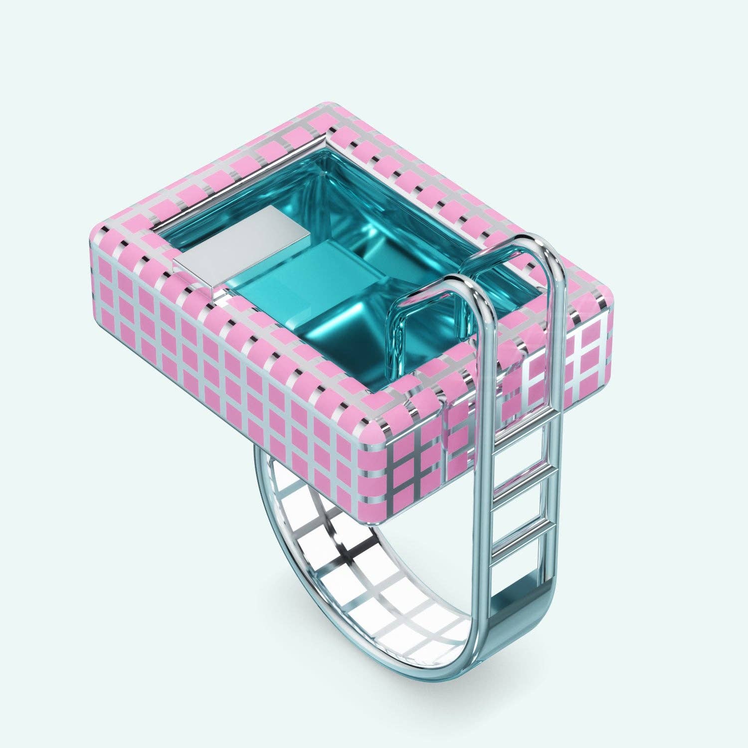 Pink and silver checkered ring with a blue gemstone on a white background