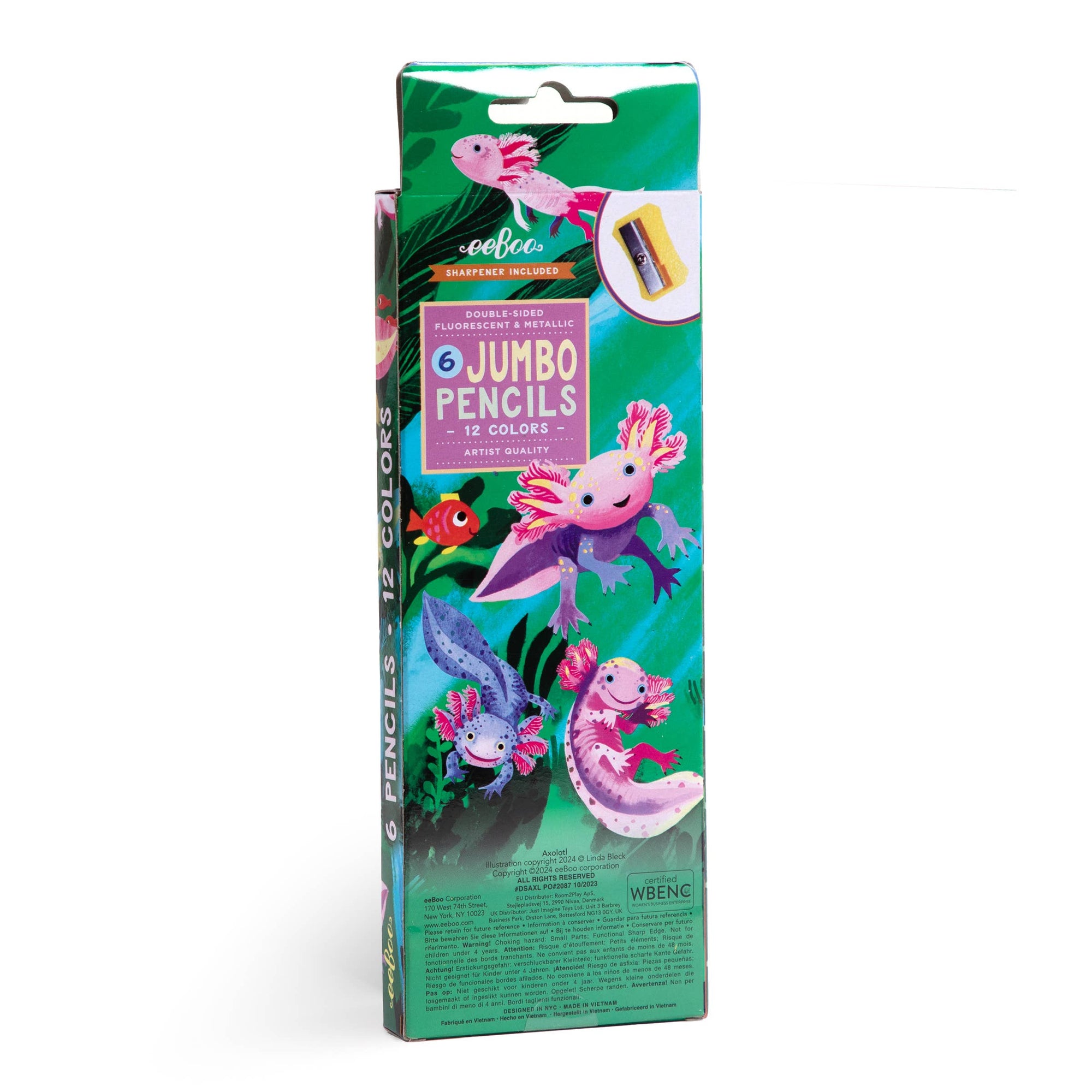 Box of jumbo pencils with axolotl illustrations on a white background
