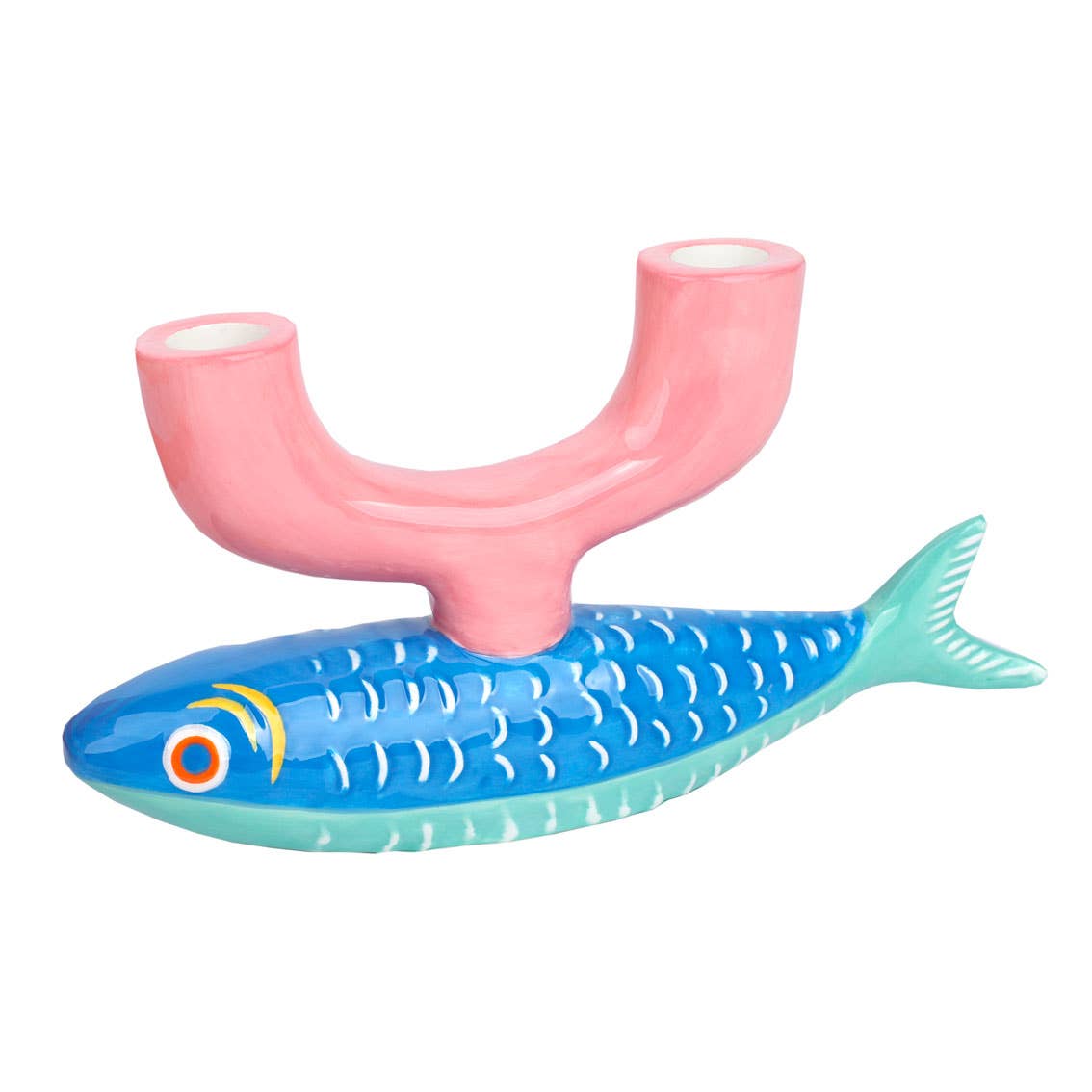 Pink candleholder with blue fish design on a white background