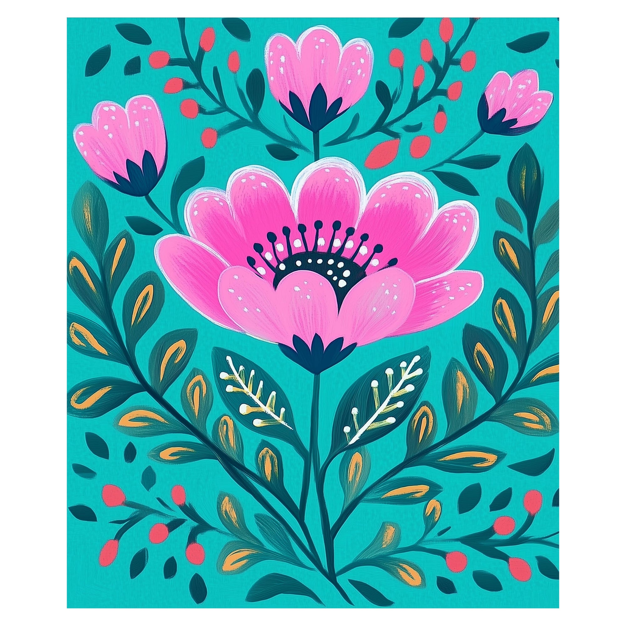Colorful floral design with pink flowers and green leaves on a teal background