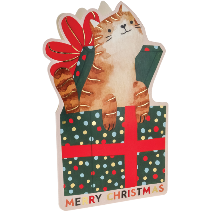 Cat-shaped card with a Christmas theme featuring a cat on a gift box.