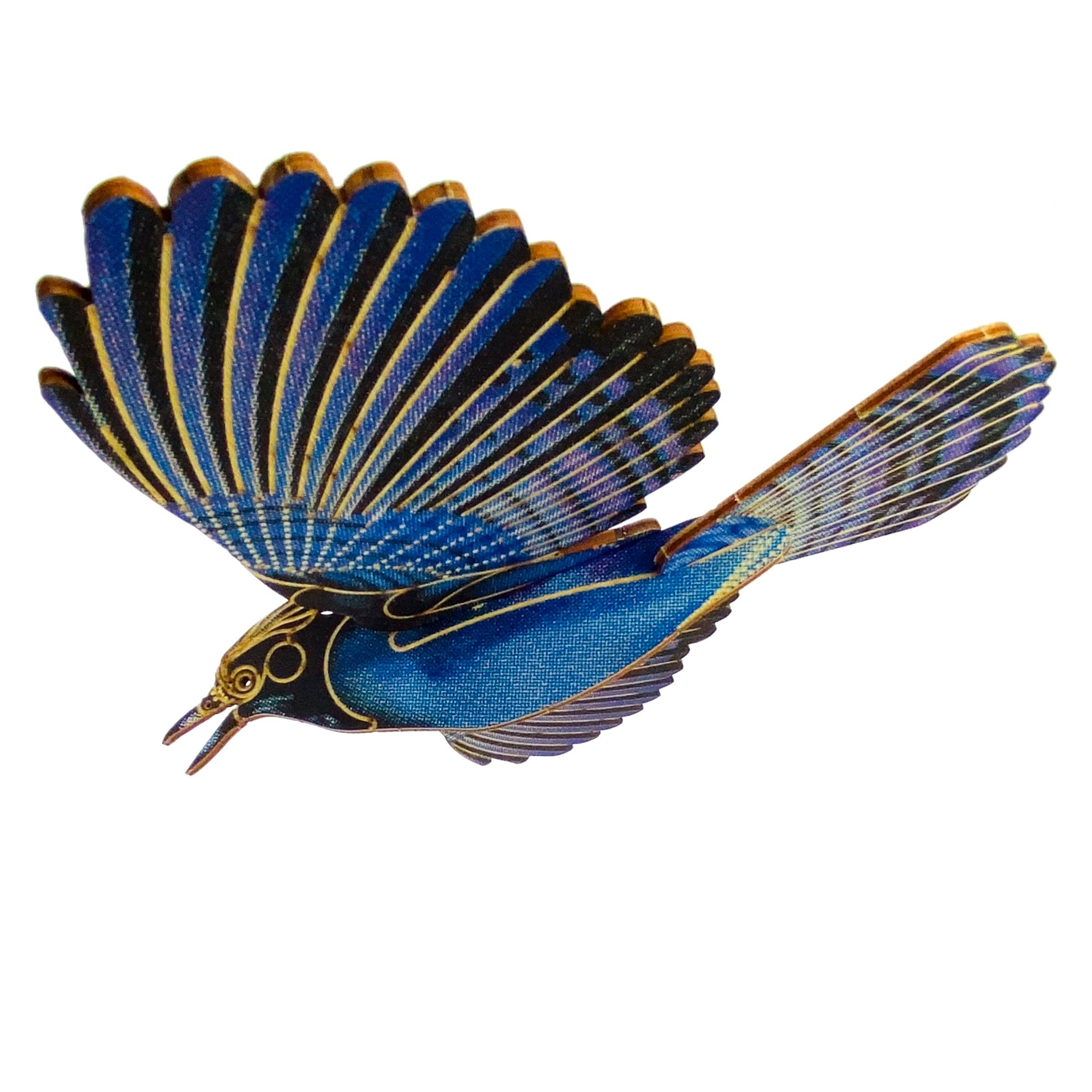 Decorative bird figurine with blue and gold feathers on a white background