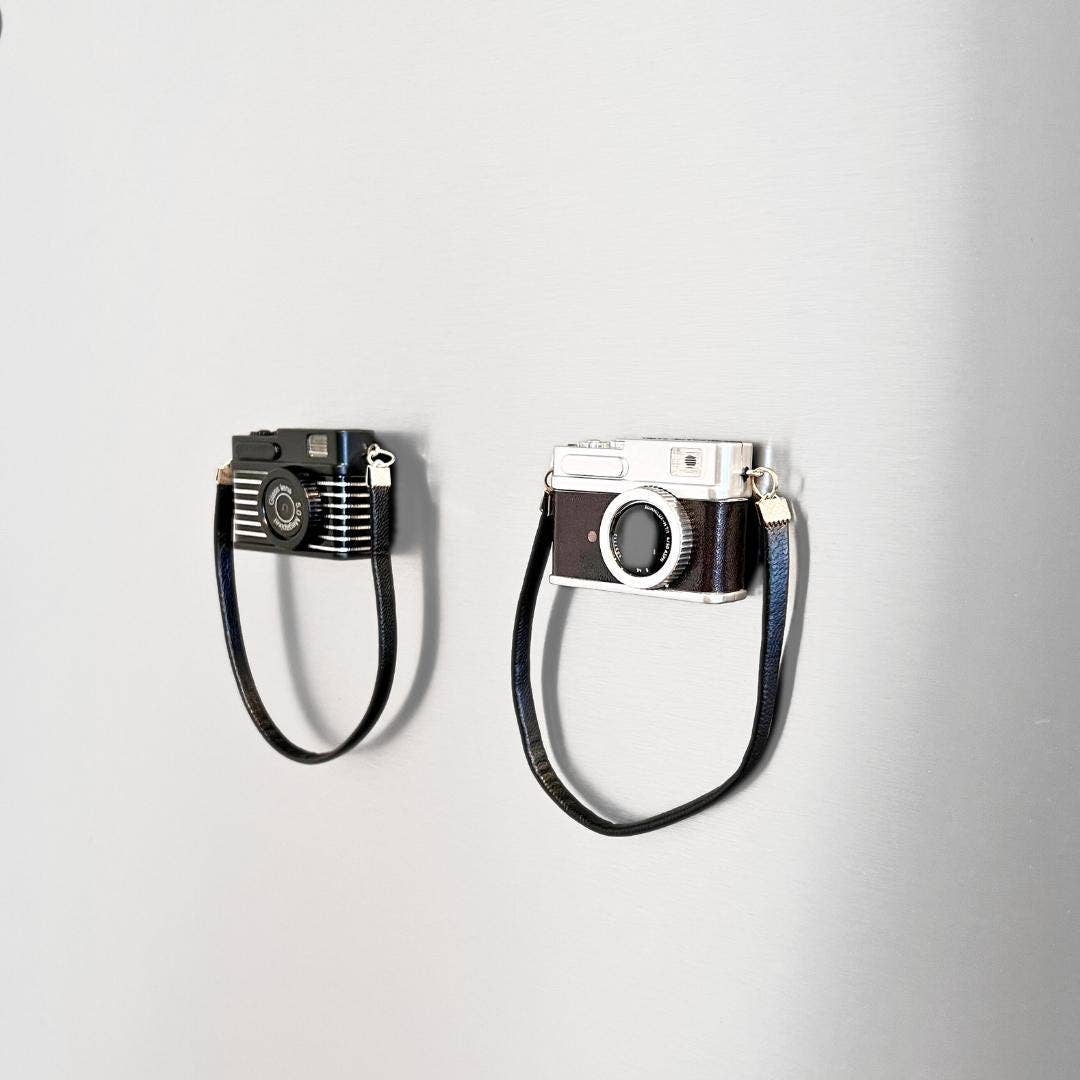 Two vintage camera-shaped wall hooks on a light gray background