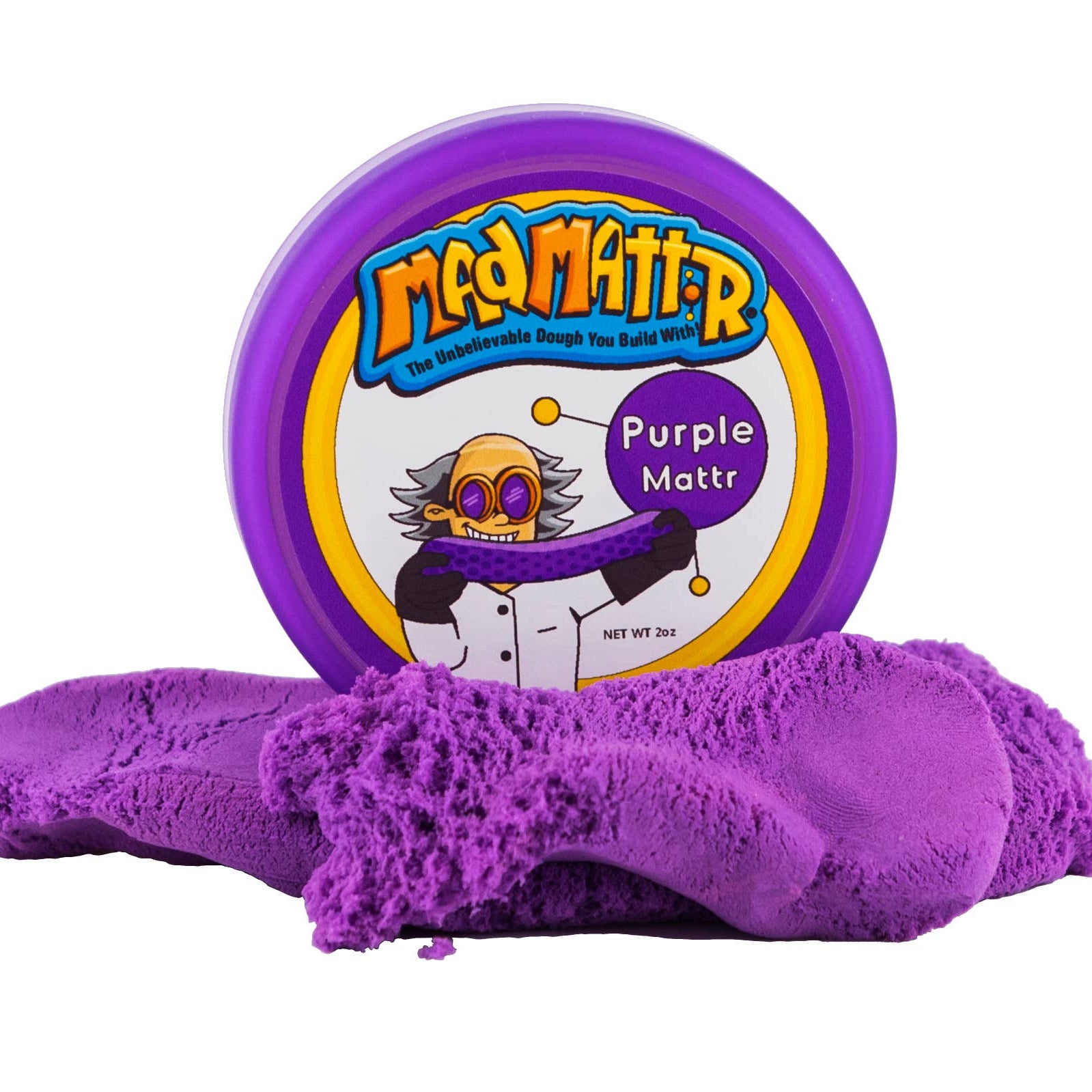 Purple play sand with a container labeled 'Madmatter' on a white background