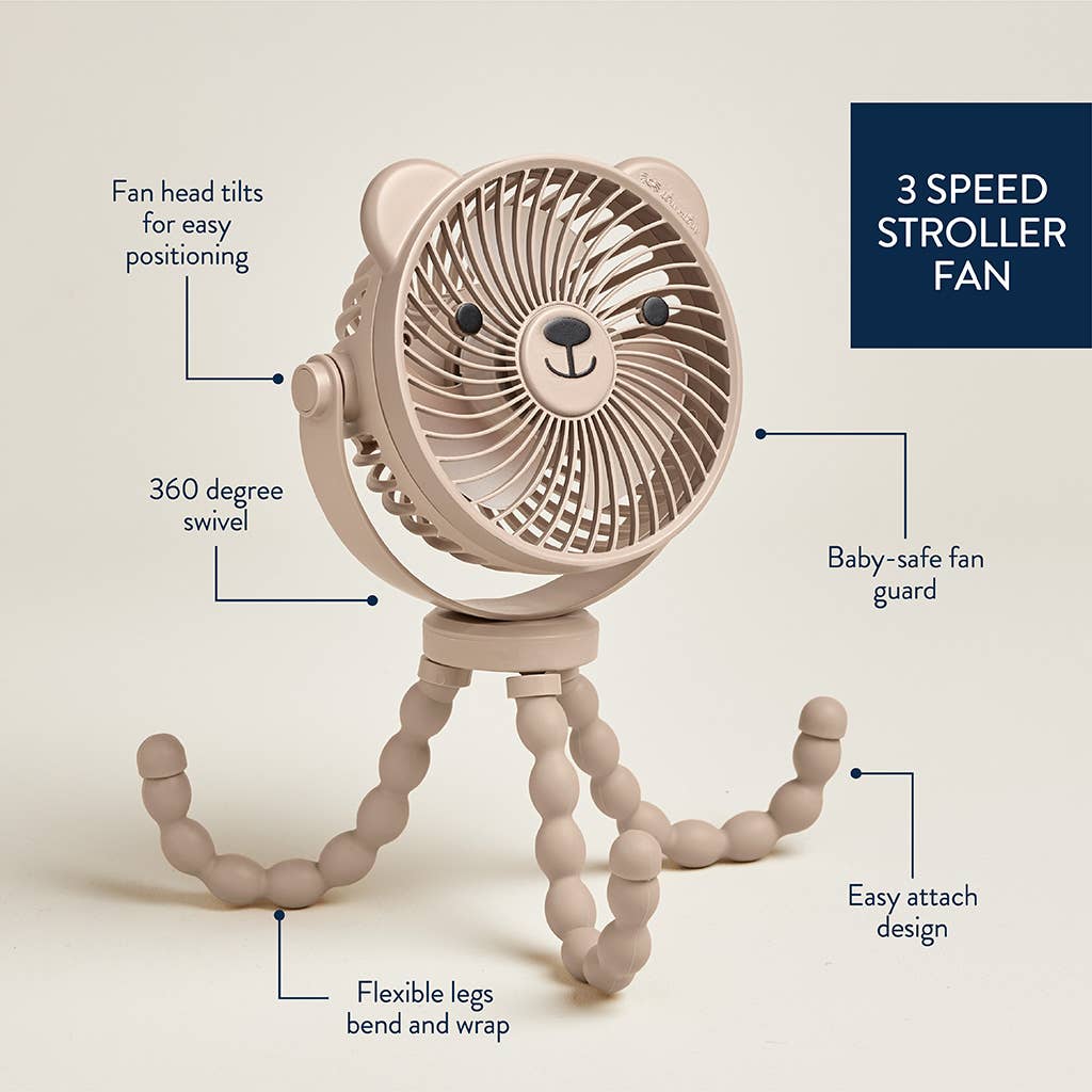 Lion-shaped stroller fan with features highlighted on a beige background