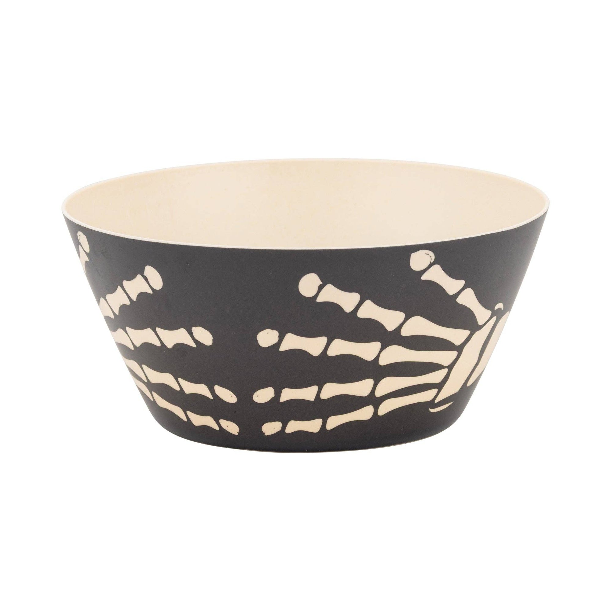 Black bowl with white bone pattern on a white background
