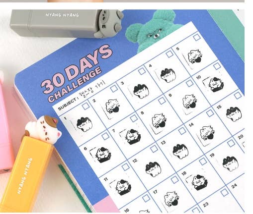 30-day challenge calendar with cartoon designs on a colorful background