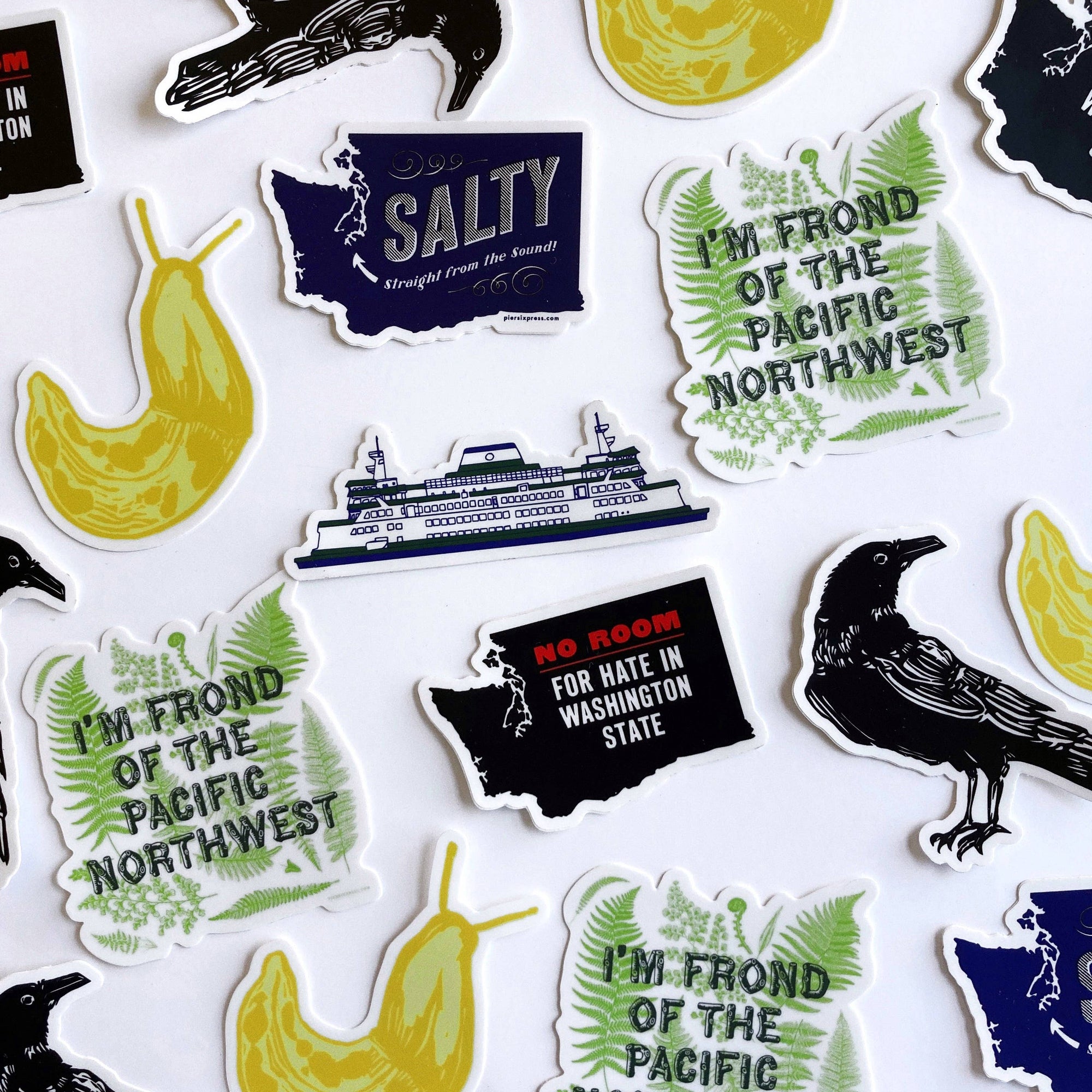 Collection of stickers with various designs on a white background