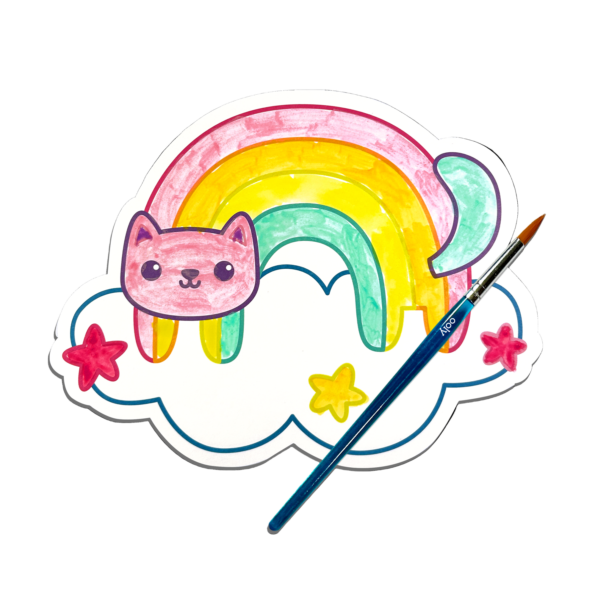 Colorful drawing of a cat inside a rainbow with stars and a paintbrush on a white background