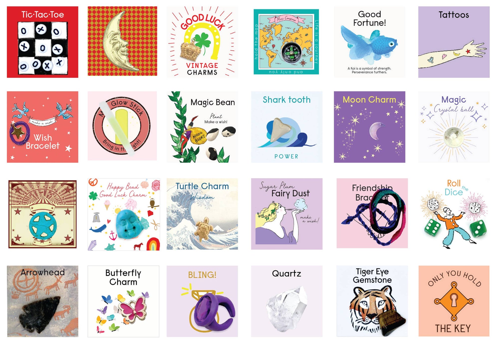Collection of colorful product cards with various designs on a white background