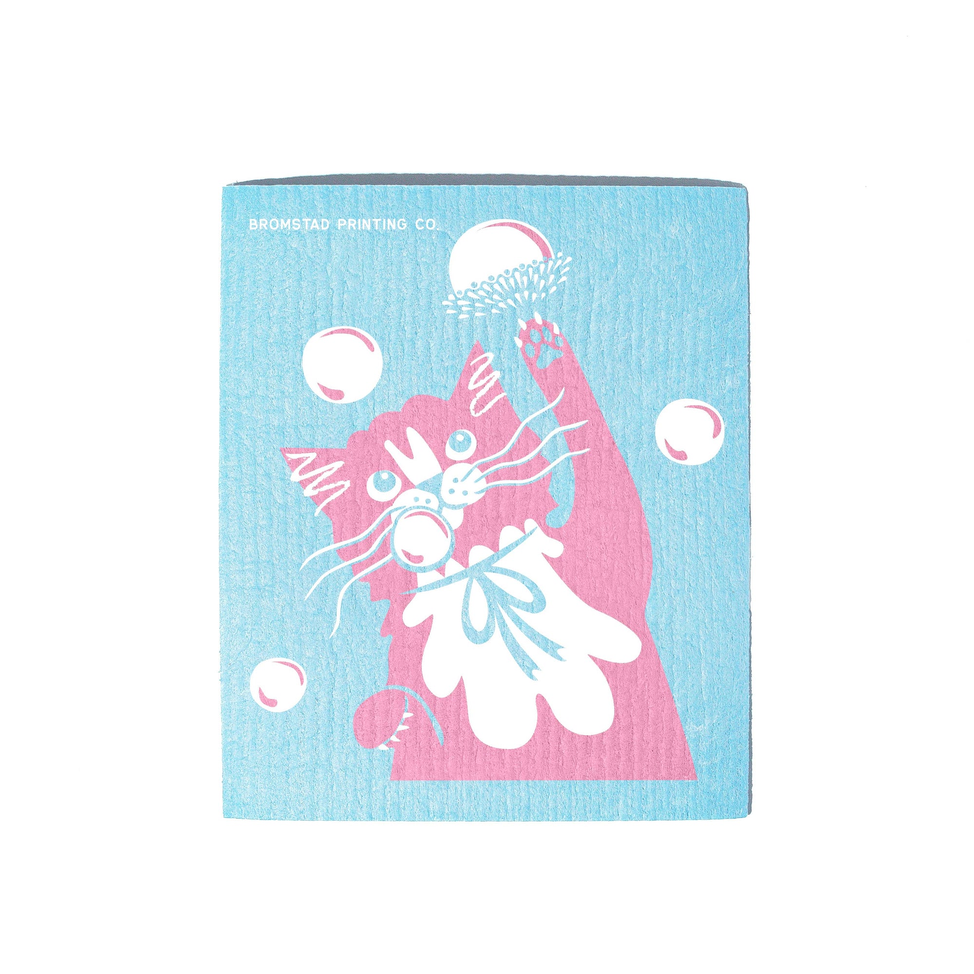 A square art print or book cover featuring a whimsical pink cat illustration with a white bow and bubble motifs on a light blue textured background. The text 'MOMENTAO PRINTING CO.