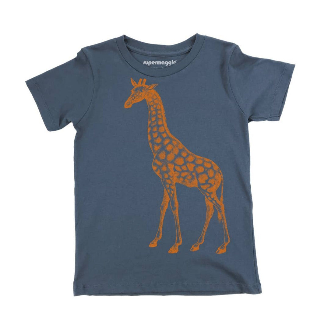 Blue t-shirt with orange giraffe design on a white background