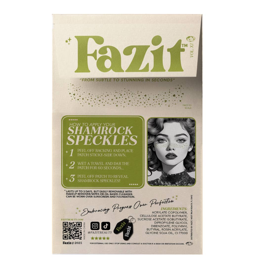 Fazit shamrock speckles packaging with instructions and branding on a beige background