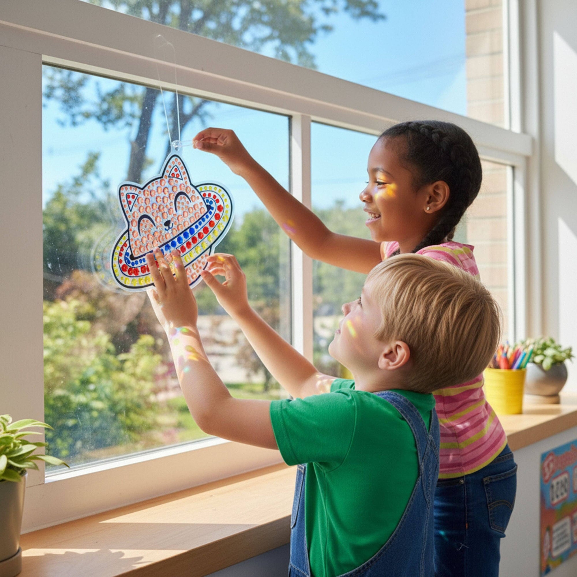 Two children decorating a window with a colorful cat-shaped sticker.