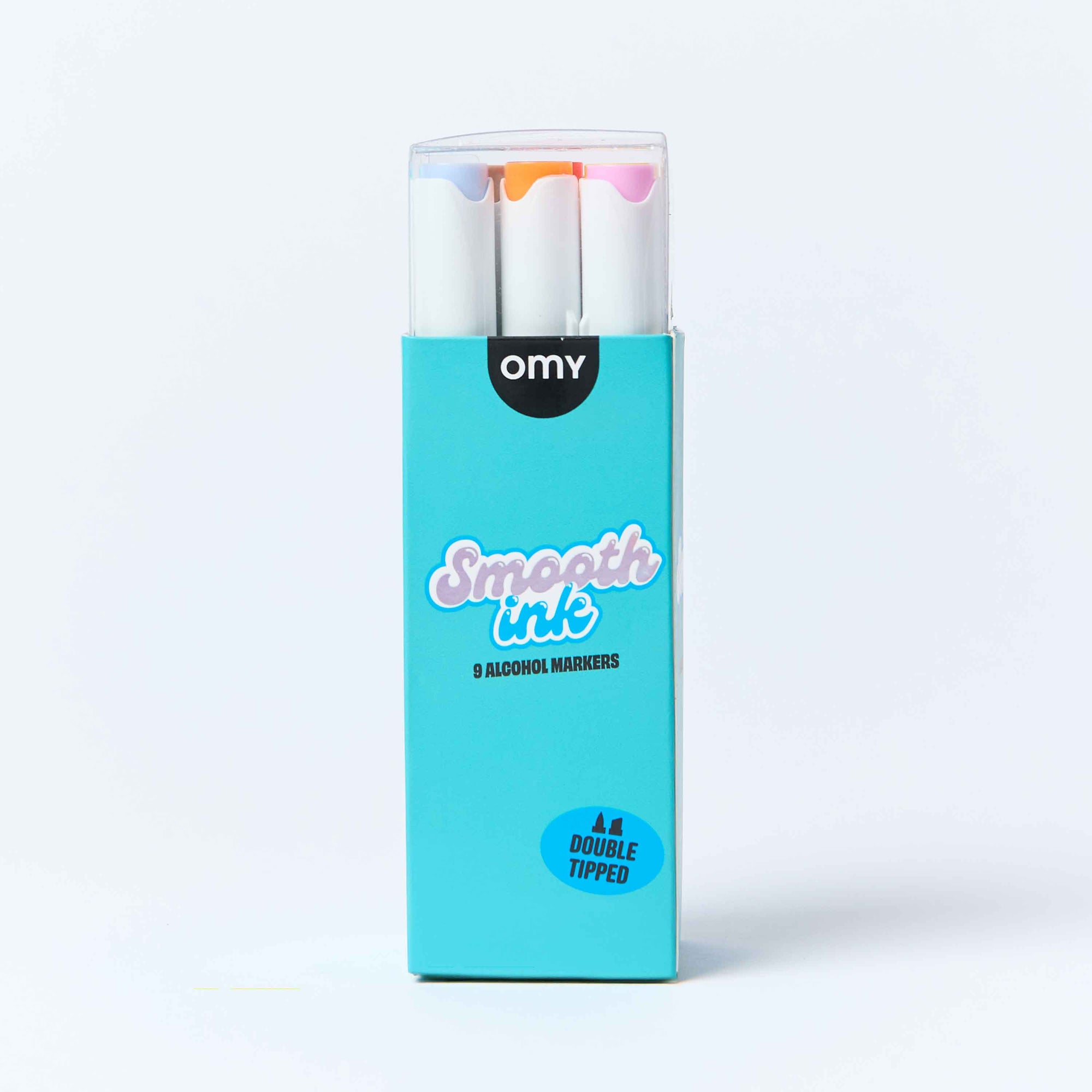 Box of OMY Smooth Ink alcohol markers on a white background