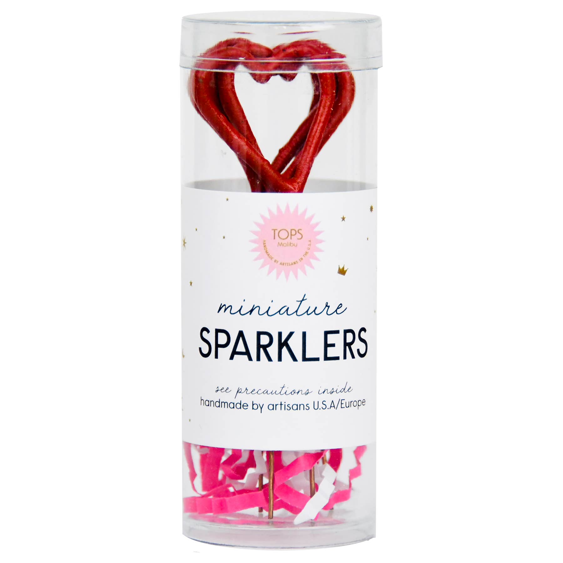 Cylindrical container with heart-shaped sparklers and 'Tops' branding on a white background