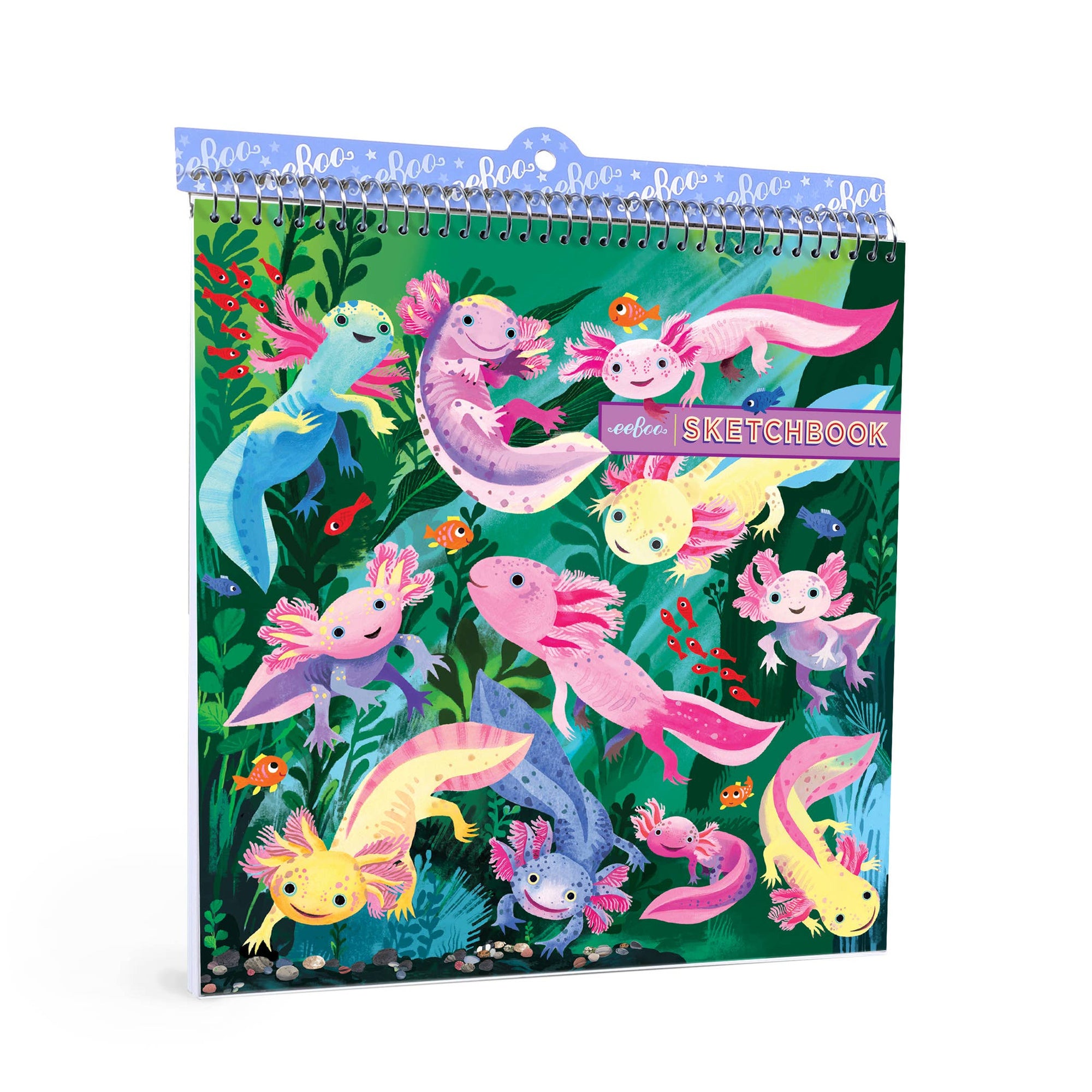 Sketchbook with axolotl illustrations on a white background
