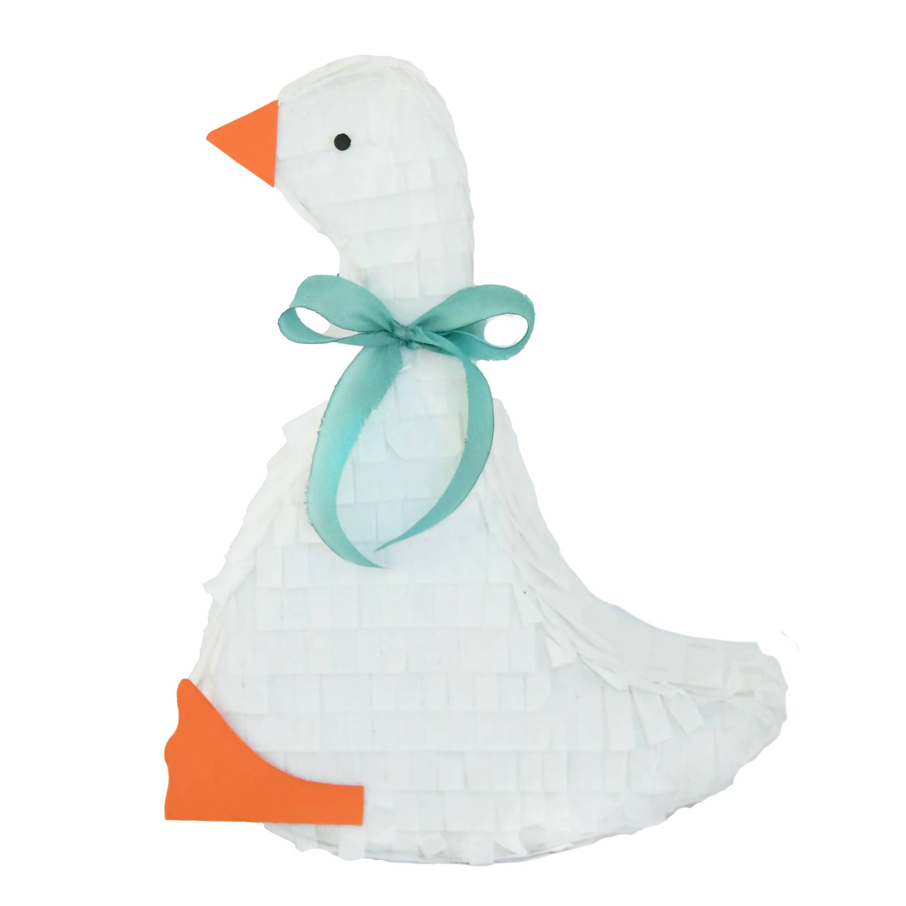 White goose plush toy with a green ribbon on a white background
