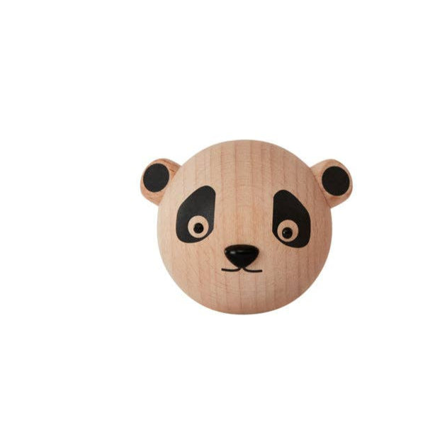 Wooden panda head decoration on a white background
