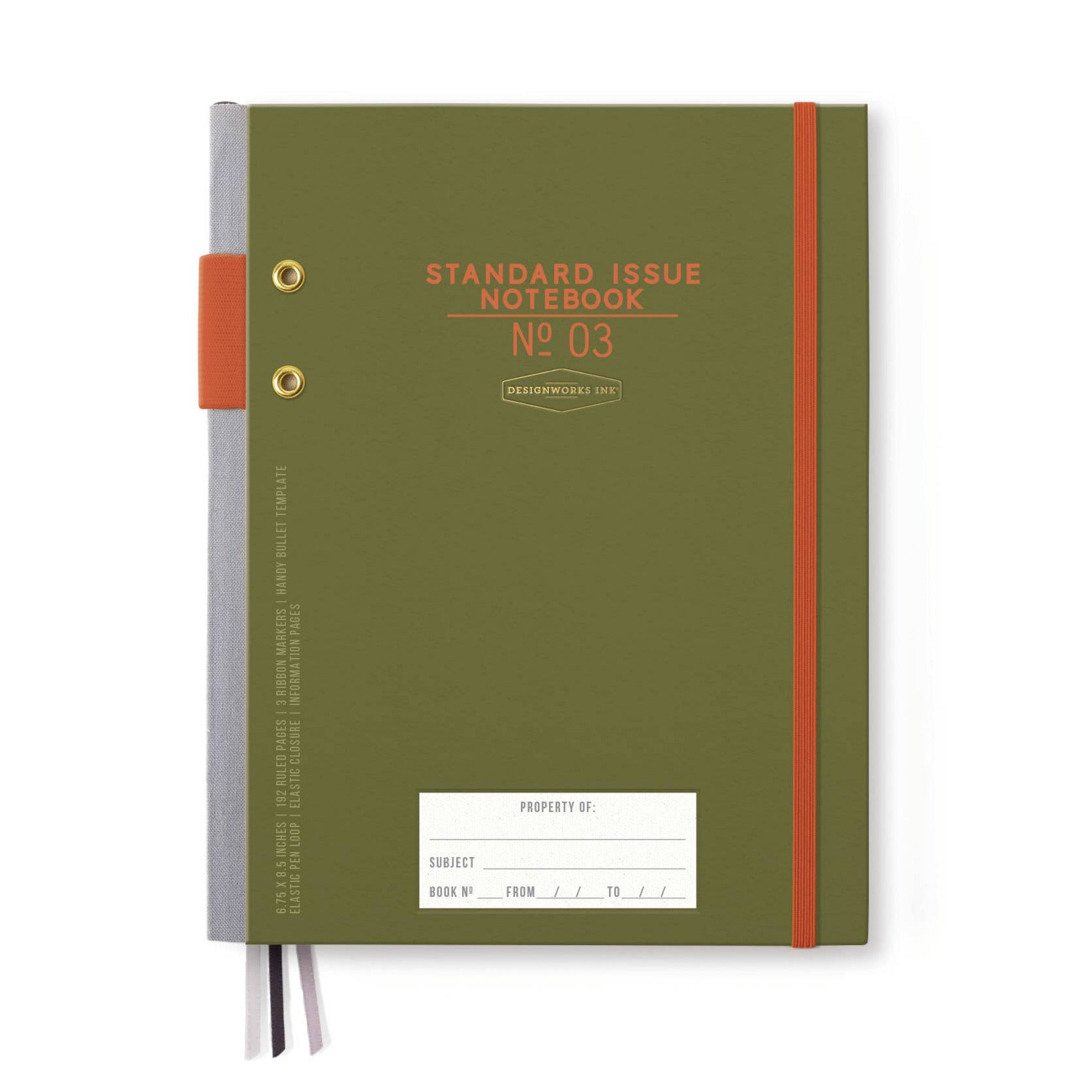 Green notebook with red ribbon on a white background