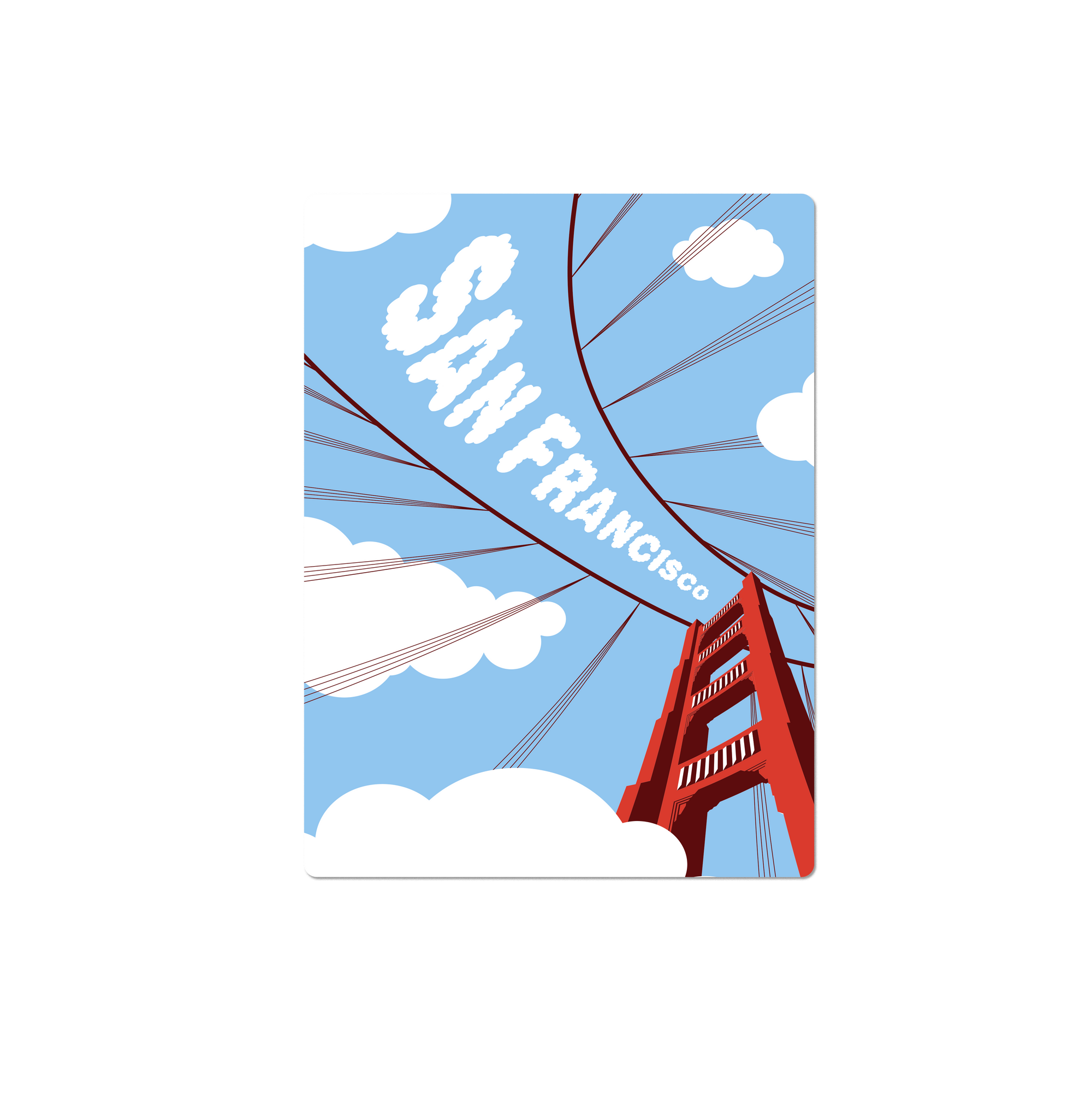 A rectangular travel art print featuring a stylized illustration of the Golden Gate Bridge in San Francisco under a light blue sky with white clouds. The words 'SAN FRANCISCO' are printed diagonally in white across the bridge.