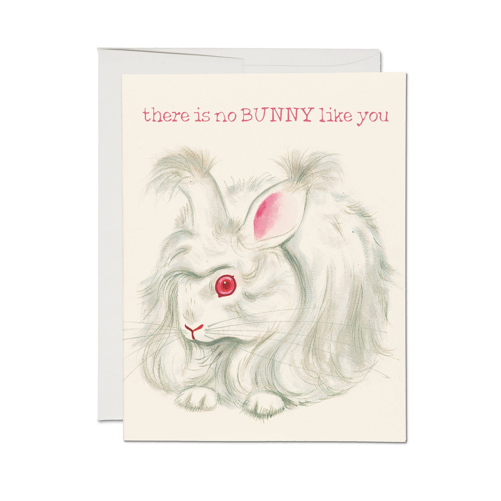 Greeting card with a rabbit illustration and text 'there is no BUNNY like you' on a white background.