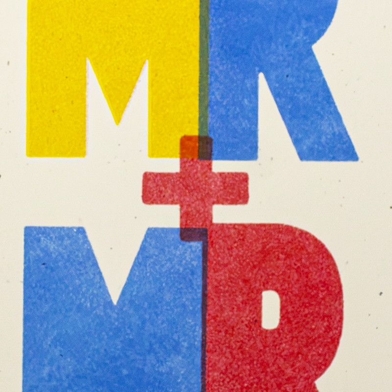 Abstract graphic artwork with large block letters in yellow, blue, and red on an off-white background.