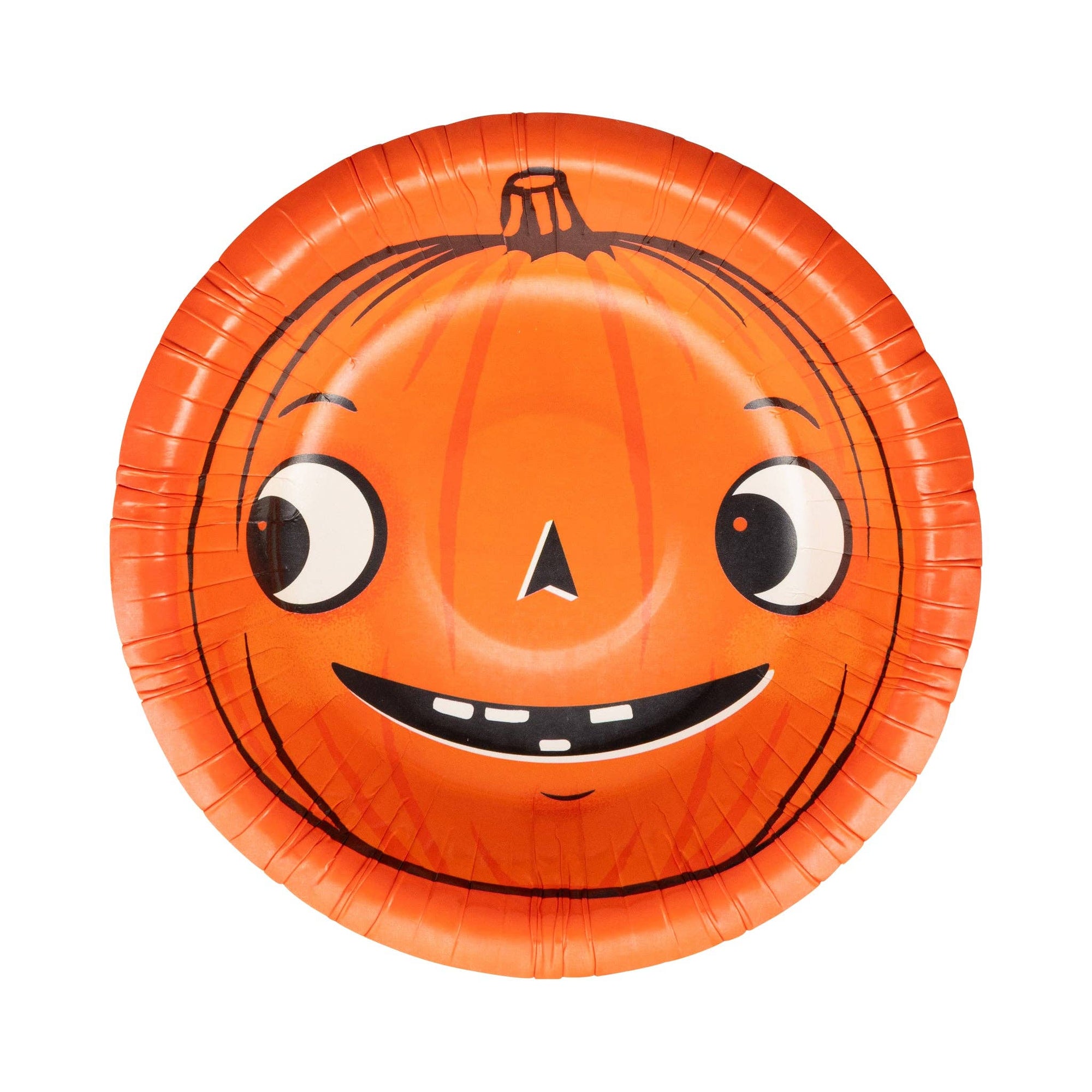 Halloween-themed paper plate with pumpkin face design on a white background