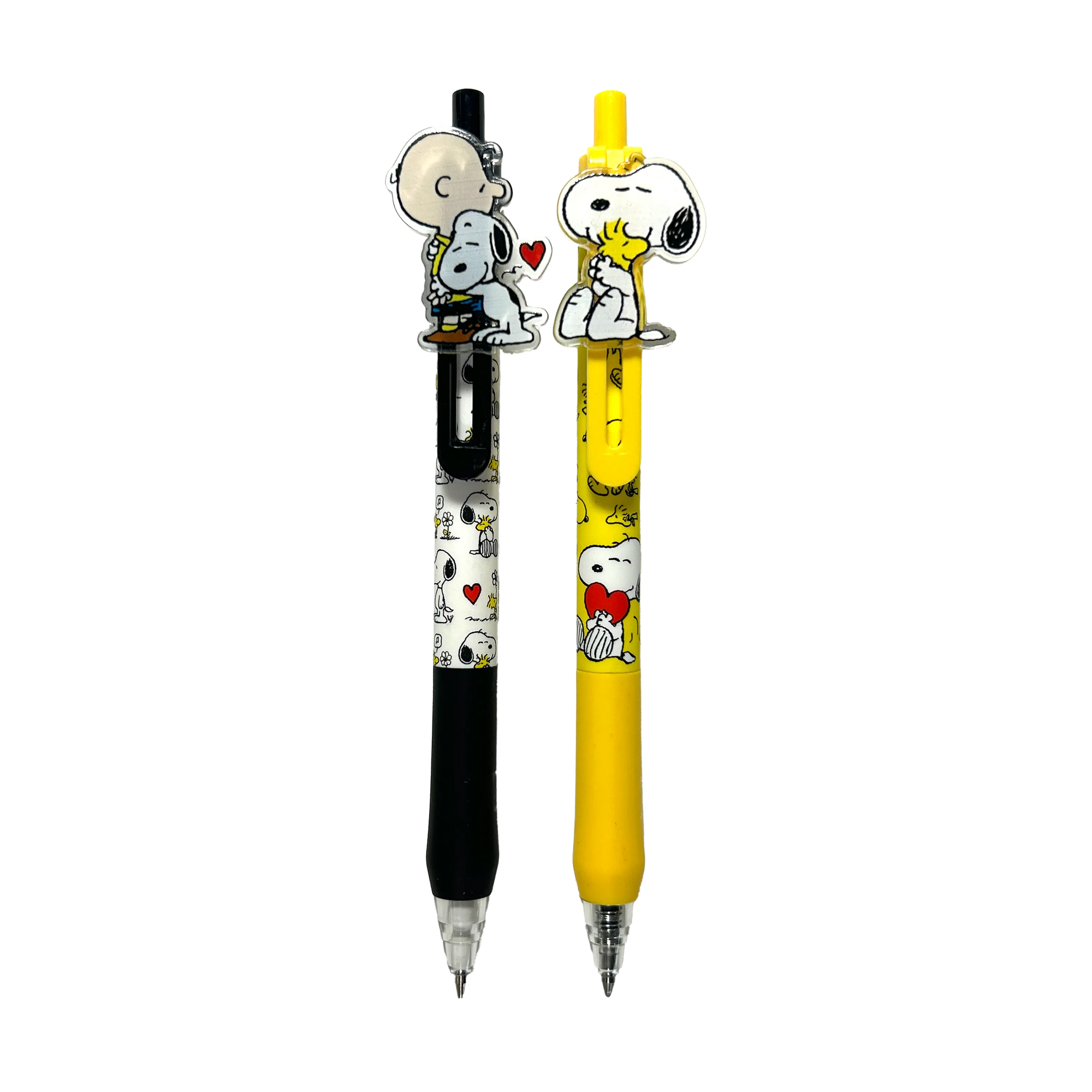 Two cartoon-themed pens, one black and one yellow, on a white background.