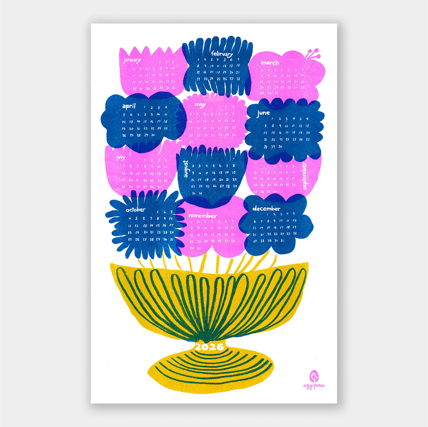 Calendar poster with colorful floral design on a white background