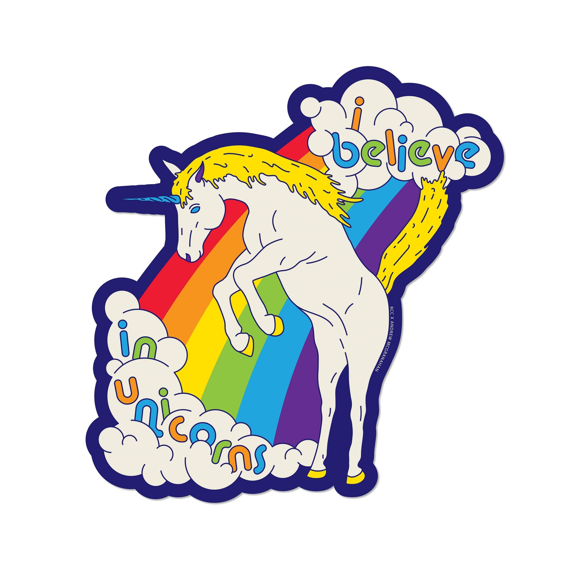 Colorful sticker with a unicorn and rainbow design, featuring the text 'I believe in unicorns'.