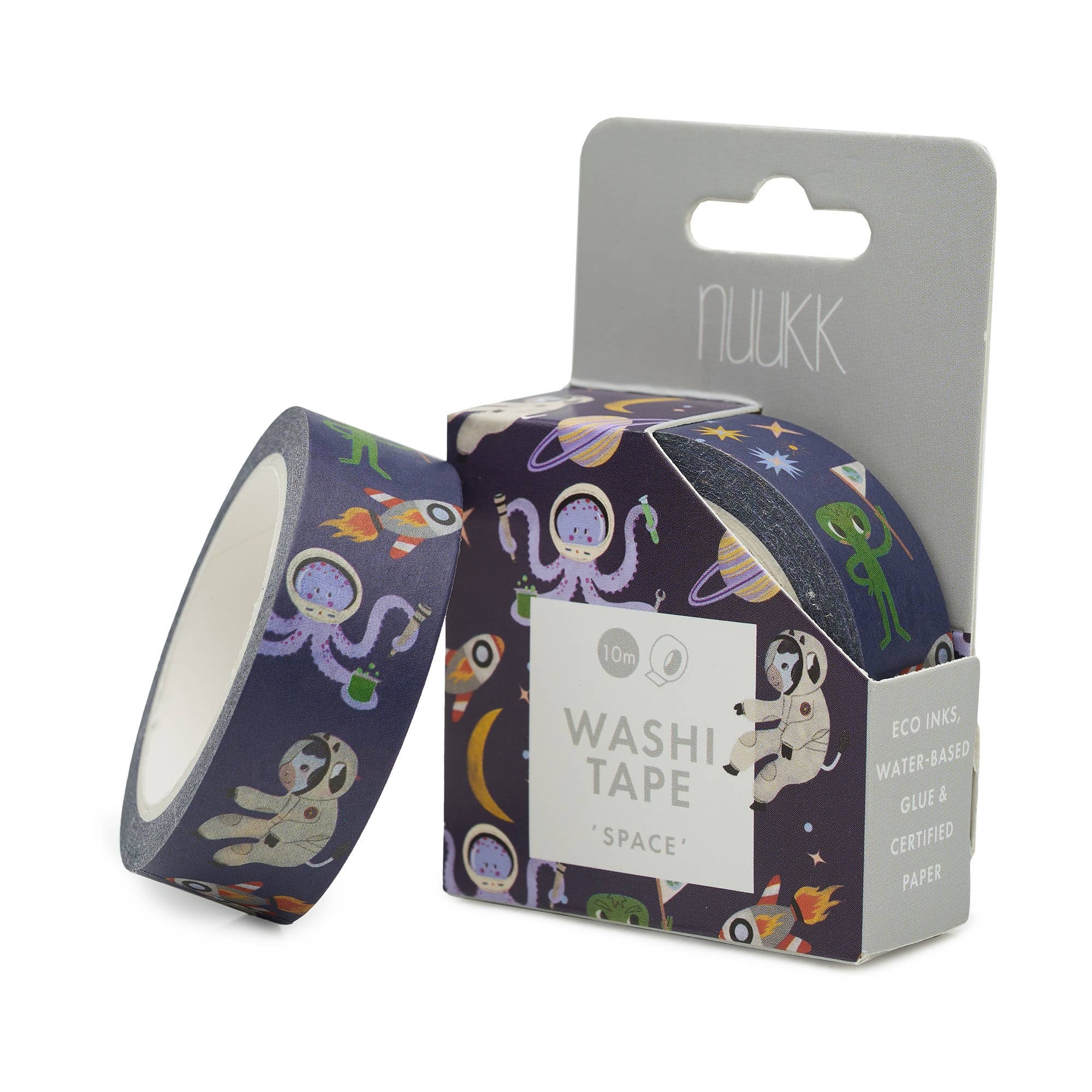 Washi tape with space-themed design and packaging on a white background