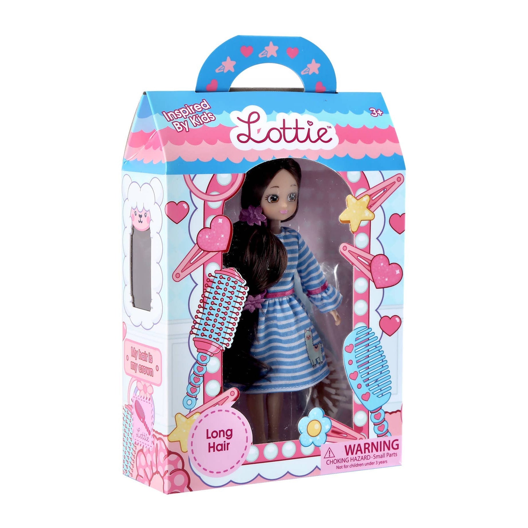 Lottie doll packaging with a doll inside, surrounded by hair styling tools on a white background.