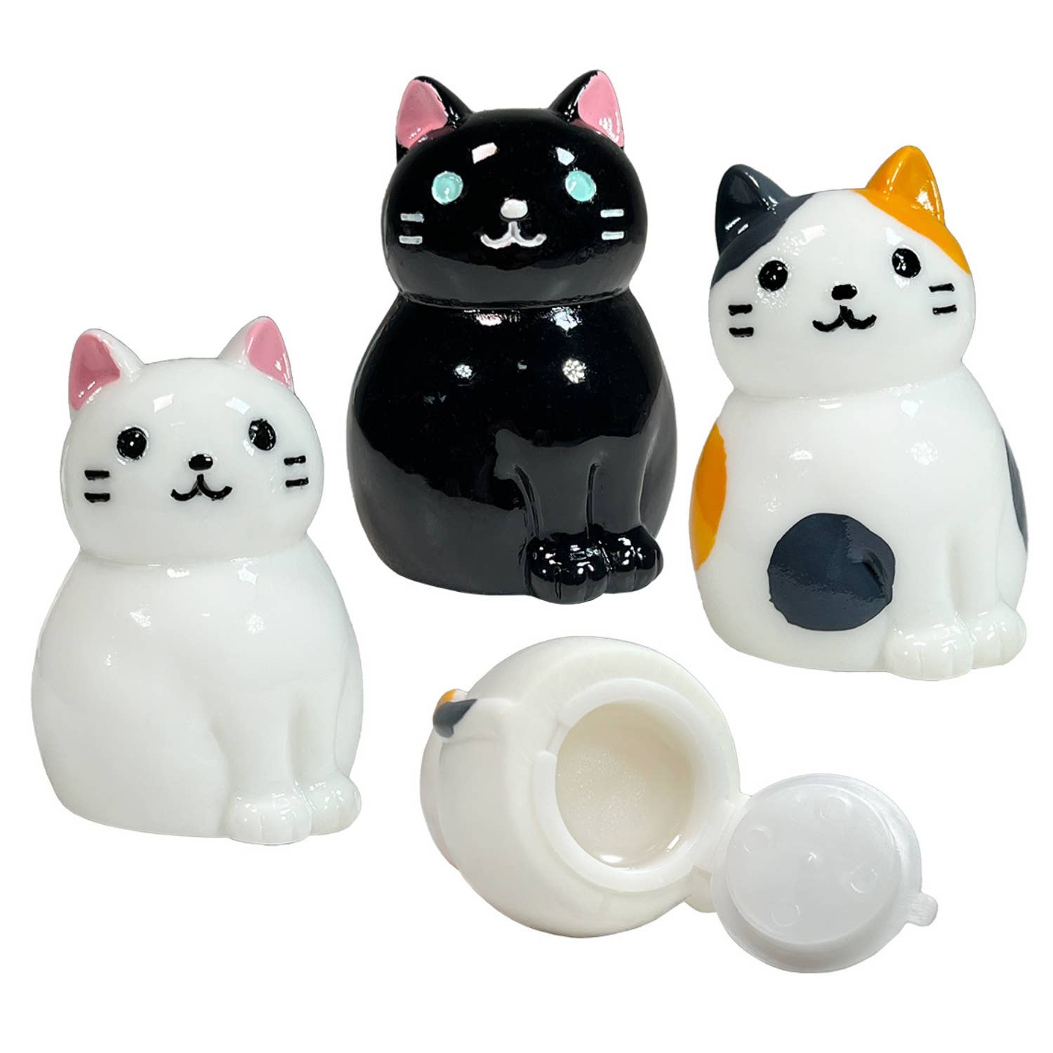 Set of four cat-shaped containers with lids on a white background
