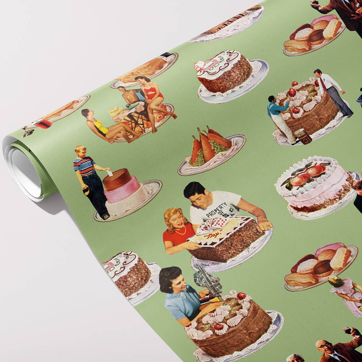 Roll of wallpaper with vintage-style cake and people illustrations on a light green background.