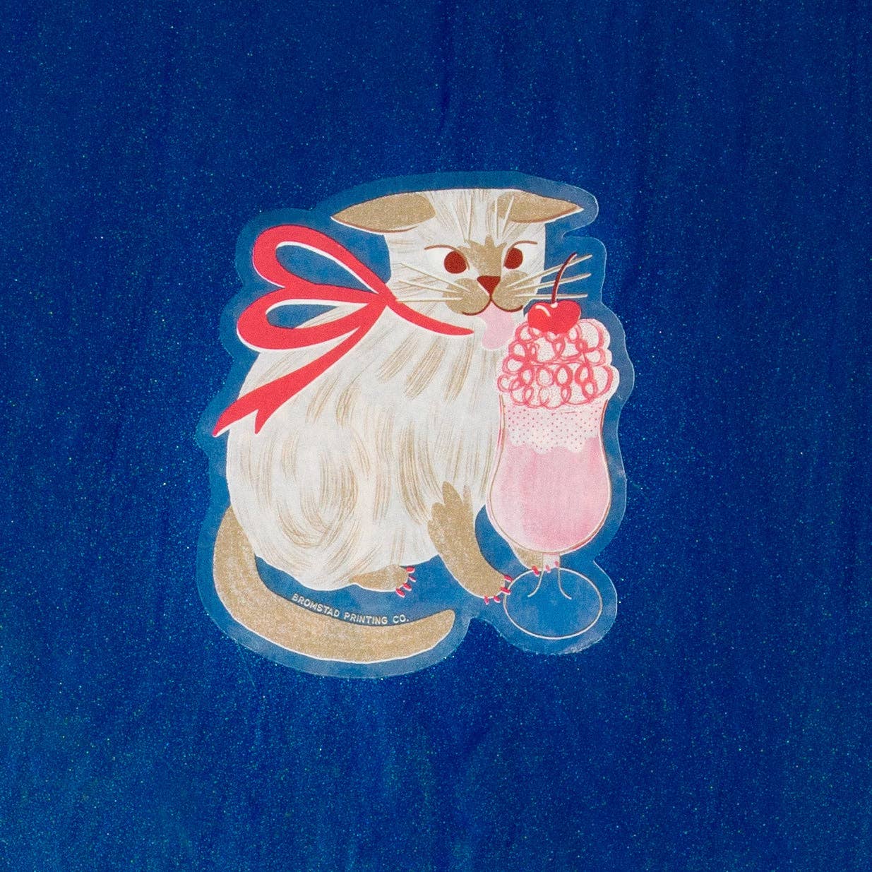 Illustration of a cat holding a pink drink with a red bow on a blue background