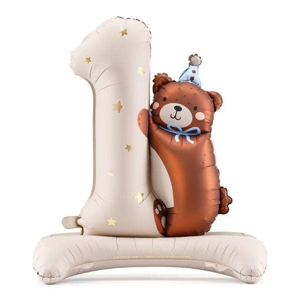 Inflatable number '1' with a bear design on a white background